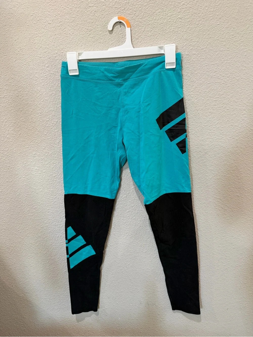 Adidas Girls Leggings XL 16 Teal Black Logo Athletic Activewear Pants Cotton
